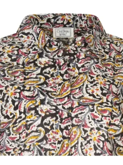 Chemisier en coton noir avec imprimé arabesque à coupe droite et col français