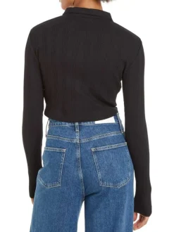 Chemisier en coton noir uni en maille jersey avec des manches longues