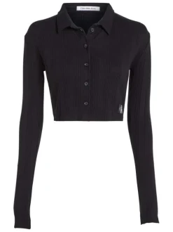 Chemisier en coton noir uni en maille jersey avec des manches longues