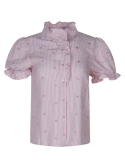 Chemisier en coton rose à rayures avec une coupe droite et des manches courtes