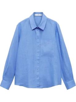 Chemisier en lin bleu uni avec une coupe droite et un col français