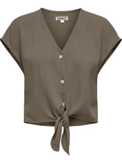 Chemisier fluide taupe uni avec une coupe droite et un col v