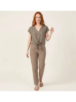 Chemisier fluide taupe uni avec une coupe droite et un col v