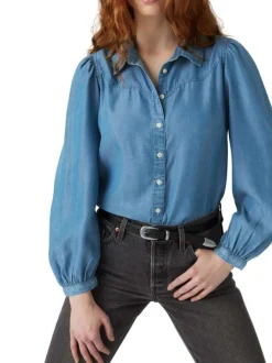 Chemisier jean uni avec un col chemise et des manches amples
