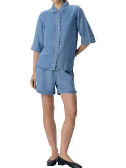 Chemisier à manches courtes amples bleu stone aspect denim à coupe regular fit