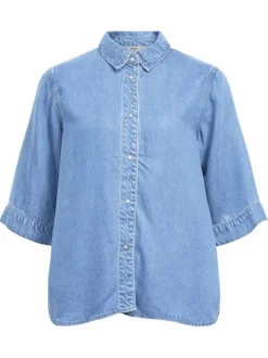 Chemisier à manches courtes amples bleu stone aspect denim à coupe regular fit