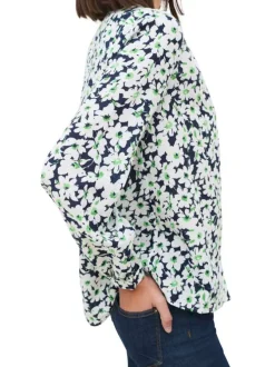 Chemisier marine à motifs floraux avec une coupe droite et un col v
