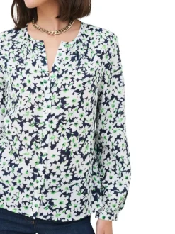 Chemisier marine à motifs floraux avec une coupe droite et un col v