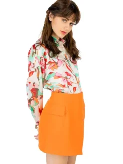 Chemisier multicolore fleuri à coupe droite col français et à manches longues