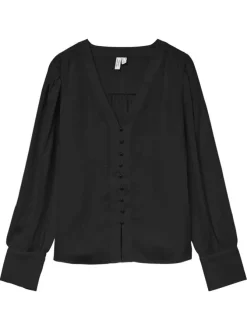 Chemisier noir avec un grand col v et fermeture avec boutonnière nacrée