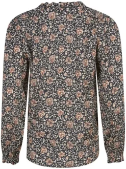 Chemisier noir fleuri avec une coupe ample un col ruffle et des manches longues