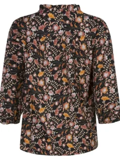 Chemisier noir fleuri avec une coupe ample un col v ruffle et des manche 3/4