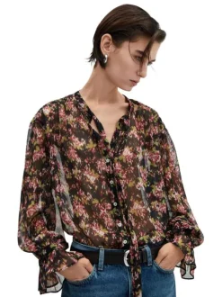Chemisier noir fleuri avec une coupe droite et un col rond fendu à nouer