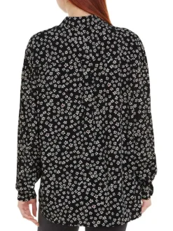 Chemisier noir fleuri coupe droite col français et à manches longues