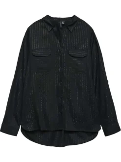 Chemisier noir incrusté de fils lurex pourvu de poches à l'avant