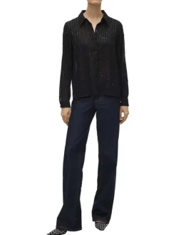 Chemisier noir à motif rayé orné de sequins et incrusté de fils lurex