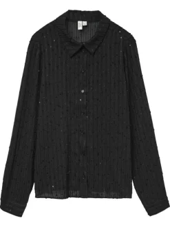 Chemisier noir à motif rayé orné de sequins et incrusté de fils lurex
