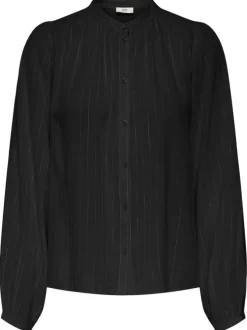 Chemisier noir à rayures fines en lurex avec une coupe fluide et un col mao