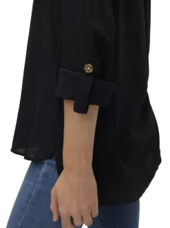 Chemisier noir uni avec un col chemise et des manches longues