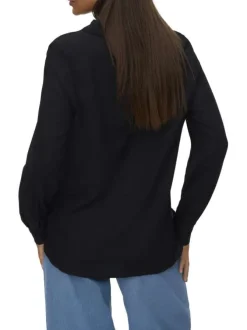 Chemisier noir uni avec un col chemise et des manches longues