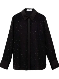 Chemisier noir uni avec une col français et une coupe droite à manches longues