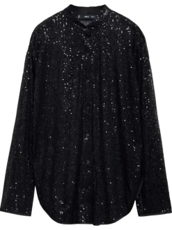 Chemisier noir uni avec une coupe droite à col français et des manches longues