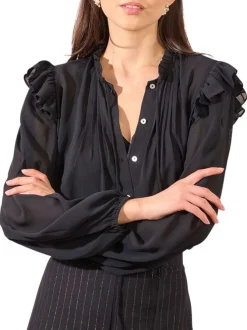 Chemisier noir uni avec une coupe fluide et un col montant à volants