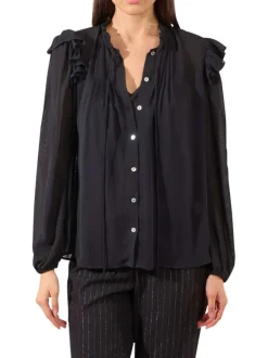 Chemisier noir uni avec une coupe fluide et un col montant à volants