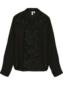 Chemisier noir uni d'empiècements de guipure avec boutonnière cachée