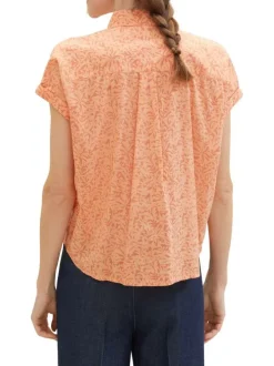 Chemisier orange fleuri coupe droite col français et à manches courtes
