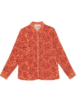 Chemisier orange à motifs pourvu d'un col français et d'une coupe droite