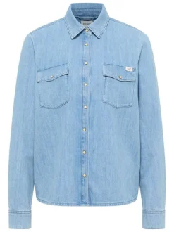Chemisier Sedana en coton bleu uni droit à col français et boutons pression