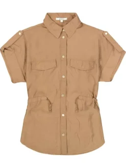 Chemisier taupe uni pourvu d'un col chemise et de manches courtes