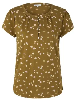 Chemisier vert olive à motifs feuilles coupe droite à col boutonné et manches courtes