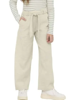 Chino en coton beige uni large et fluide aspect lin avec ceinture à la taille