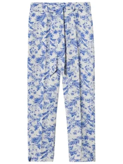 Chino écru fleuri bleu coupe regular avec lacet de nouage