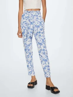 Chino écru fleuri bleu coupe regular avec lacet de nouage