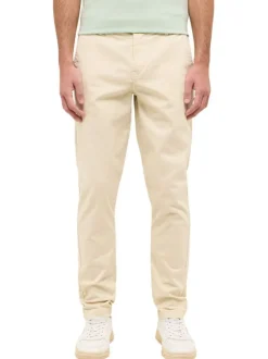 Chino en coton beige uni avec une coupe slim et des passants à la taille