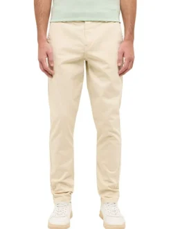 Chino en coton beige uni avec une coupe slim et des passants à la taille