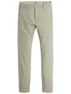 Chino en coton beige uni avec une coupe slim et des passants pour ceinture