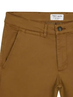Chino en coton mélangé camel uni avec une coupe droite et des passants