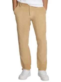 Chino en coton mélangé camel uni en velours côtelé avec une coupe slim