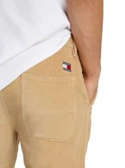 Chino en coton mélangé camel uni en velours côtelé avec une coupe slim