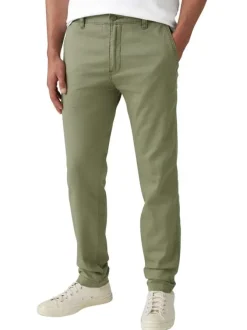 Chino en coton mélangé vert uni à coupe slim avec une taille intermédiaire