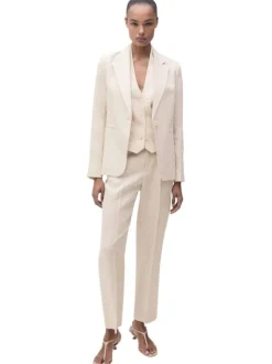 Chino en lin beige clair uni à coupe droite avec des passants