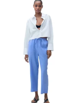 Chino en lin mélangé bleu ciel uni à coupe droite et à taille élastiquée