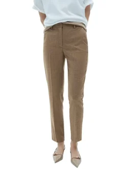 Chino marron motif pied de poule avec coupe droite, 4 poches et 4 plis centraux