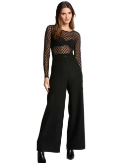 Chino noir uni en tweed à coupe bootcut, taille haute avec 1 bouton doré
