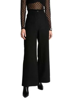 Chino noir uni en tweed à coupe bootcut, taille haute avec 1 bouton doré