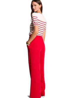 Chino rouge uni bootcut avec taille élastiquée à fronces et poches